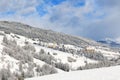 Snow landscape of the Grison village Riom Paronz with Castle RÃ¤tia Ampla in Riom Royalty Free Stock Photo