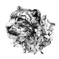 Snow leopard animal head in profile close-up composition decorated with flowers and leaves of a bell