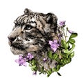 Snow leopard animal head in profile close-up composition decorated with flowers and leaves of a bell