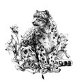 Snow leopard animal sitting at full height and looking sideways composition decorated with bell flowers and leaves