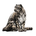 Snow leopard animal sitting at full height and looking sideways tail around the body
