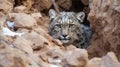 Snow leopard blending in with rocks and snow Royalty Free Stock Photo