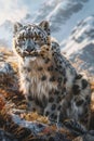 Snow leopard camouflaged, photorealistic portrait with piercing eyes in cinematic setting Royalty Free Stock Photo