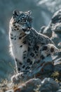 Snow leopard camouflaged in rocky terrain photorealistic portrait with piercing eyes and sunlit fur Royalty Free Stock Photo