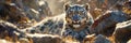 Snow leopard camouflaged in rocky terrain, photorealistic portrait with sunlit fur and piercing eyes Royalty Free Stock Photo