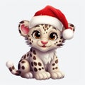 Snow Leopard in Claus Couture: Cute Christmas Illustration Clipart - Isolated on White Background - Generative AI Royalty Free Stock Photo