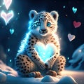 Snow Leopard Cub hugging heart Cute baby snow leopard sitting in the snow and holding a heart generative AI animal ai Royalty Free Stock Photo