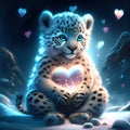 Snow Leopard Cub hugging heart Snow leopard cub sitting on the snow and holding a heart. AI generated animal ai Royalty Free Stock Photo