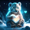 Snow Leopard Cub hugging heart Valentines Day card with cute baby snow leopard and heart. AI Generated animal ai Royalty Free Stock Photo