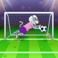 The snow leopard girl as a goalkeeper catching the soccer ball near gates on the field Royalty Free Stock Photo