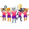 The snow leopard girl with goblet, and the team of panther, jaguar, lion and tiger is on the white background Royalty Free Stock Photo