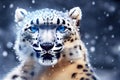 Snow leopard head in snow-covered mountains