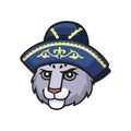 Snow leopard, irbis head with kazakh national hat. Vector cartoon comic doodle illustration, mascot, character, icon.