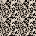 Snow leopard or jaguar coat seamless pattern with black rossetes on gray brown background. Exotic wild animal skin print