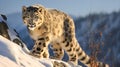 Snow Leopard walking on Rocky Snow-Covered Ridge Royalty Free Stock Photo