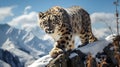 Snow Leopard walking on Rocky Snow-Covered Ridge Royalty Free Stock Photo