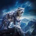 Snow leopard with long tail in the daRK rock Hemis National Wildlife scene from Asia Royalty Free Stock Photo