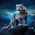 Snow leopard with long tail in the daRK rock mountain Hemis National Park Kashmir India. Wildlife scene from Asia Royalty Free Stock Photo