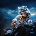 Snow leopard with long tail in the daRK rock mountain Hemis National Park Kashmir India. Wildlife scene from Asia Royalty Free Stock Photo