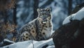 Snow leopard, majestic hunter, looking at camera in tranquil scene generated by AI