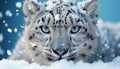 Snow leopard, majestic hunter, staring, cold winter, beauty in nature generated by AI