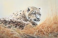 snow leopard in mid-hunt, focused and poised Royalty Free Stock Photo