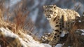 Snow leopard in the mountains with rocks and clouds Royalty Free Stock Photo