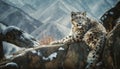 Snow leopard resting on rock, looking at camera in wilderness generated by AI