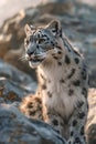 Snow leopard in rocky terrain, photorealistic portrait blending seamlessly, piercing eyes Royalty Free Stock Photo