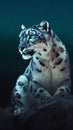 Snow leopard sitting on a rock in the dark. Collage. Royalty Free Stock Photo