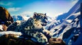 Snow leopard sitting on top of rock in front of mountain. Generative AI Royalty Free Stock Photo