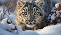 Snow leopard staring, wildcat stalking, beauty in nature wilderness generated by AI Royalty Free Stock Photo