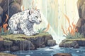 a snow leopard stealthily prowling near the waterfall