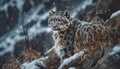 Snow leopard walking in wilderness, majestic striped pawed mammal generated by AI