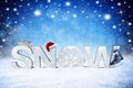 Snow lettering with santa claus hat christmas background