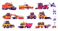 Snow machines, snow removal cleaning cars and equipment vector illustration isolated set.