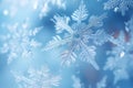 snow in macro. Snowflake on blue ice background