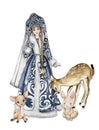 The Snow Maiden in a christmas dress with baby animals. Watercolor illustrationof a winter Russian girl, granddaughter of Russian