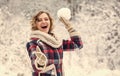 Snow makes everything outdoors look amazing. Woman warm clothes snowy forest. Nature covered snow. Happiness. Exciting