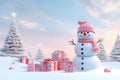 Snowman with Pink Gift Boxes in Snowy Pine Forest - A Whimsical Winter Wonderland of Joy and Surprises.GenerativeAI.