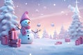 Snowman with Pink Gift Boxes in Snowy Pine Forest - A Whimsical Winter Wonderland of Joy and Surprises.GenerativeAI.