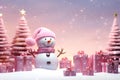 Snowman with Pink Gift Boxes in Snowy Pine Forest - A Whimsical Winter Wonderland of Joy and Surprises.GenerativeAI.