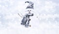 Snow man on blurred bright christmas lights background, greeting