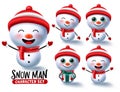 Snow man character vector set. Snowman christmas characters In different pose and gestures wearing red scarp and hat isolated. Royalty Free Stock Photo
