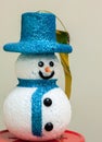 Snow man doll on red base and blur background.