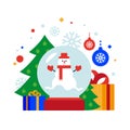 Snow man globe. Christmas composition of snow globe, Christmas tree, gifts and balls.