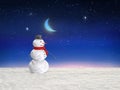 Snow man and  moon on starry sky winter snowy weather fairy night festive  Christmas tree  blue nature landscape background  greet Royalty Free Stock Photo