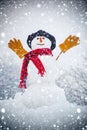 Snow man in winter hat. Christmas background with snowman. Funny snowman in stylish hat and scarf on snowy field. Happy