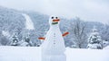 Snow Man in Winter, Snow Man with Carrot Nose and Forest with Mountains in the Background, Snowman in Snowy Weather