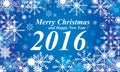 Snow, Merry Christmas and Happy New Year 2016 blue background. Snow in winter. Royalty Free Stock Photo